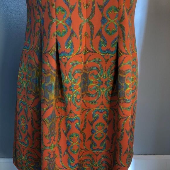 Gabby Skye Sleeveless Orange Multi Color Fit & Flare  Scuba Fabric Dress 12 - Picture 3 of 8